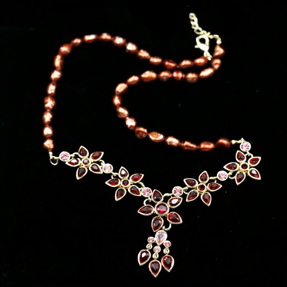 REDESIGNED MARVELLA by MONET DEEP GARNET RED RHINESTONE FLOWER NECKLACE -JNFPCR1 - Picture 6 of 6